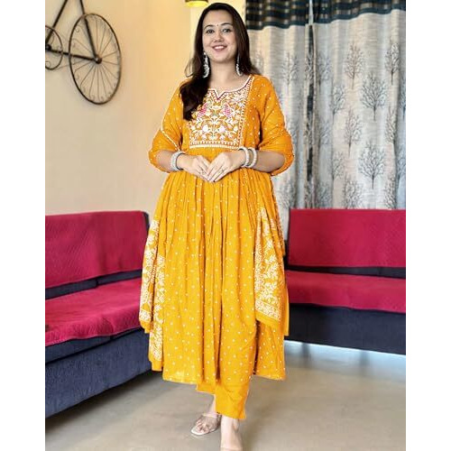 ANNI DESIGNER Women's Rayon Viscose Embroidered Anarkali Kurta with Pant & Dupatta (Kanota Yellow-VKS05_S_Yellow_Small)