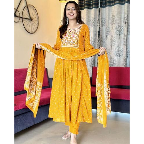 ANNI DESIGNER Women's Rayon Viscose Embroidered Anarkali Kurta with Pant & Dupatta (Kanota Yellow-VKS05_S_Yellow_Small)