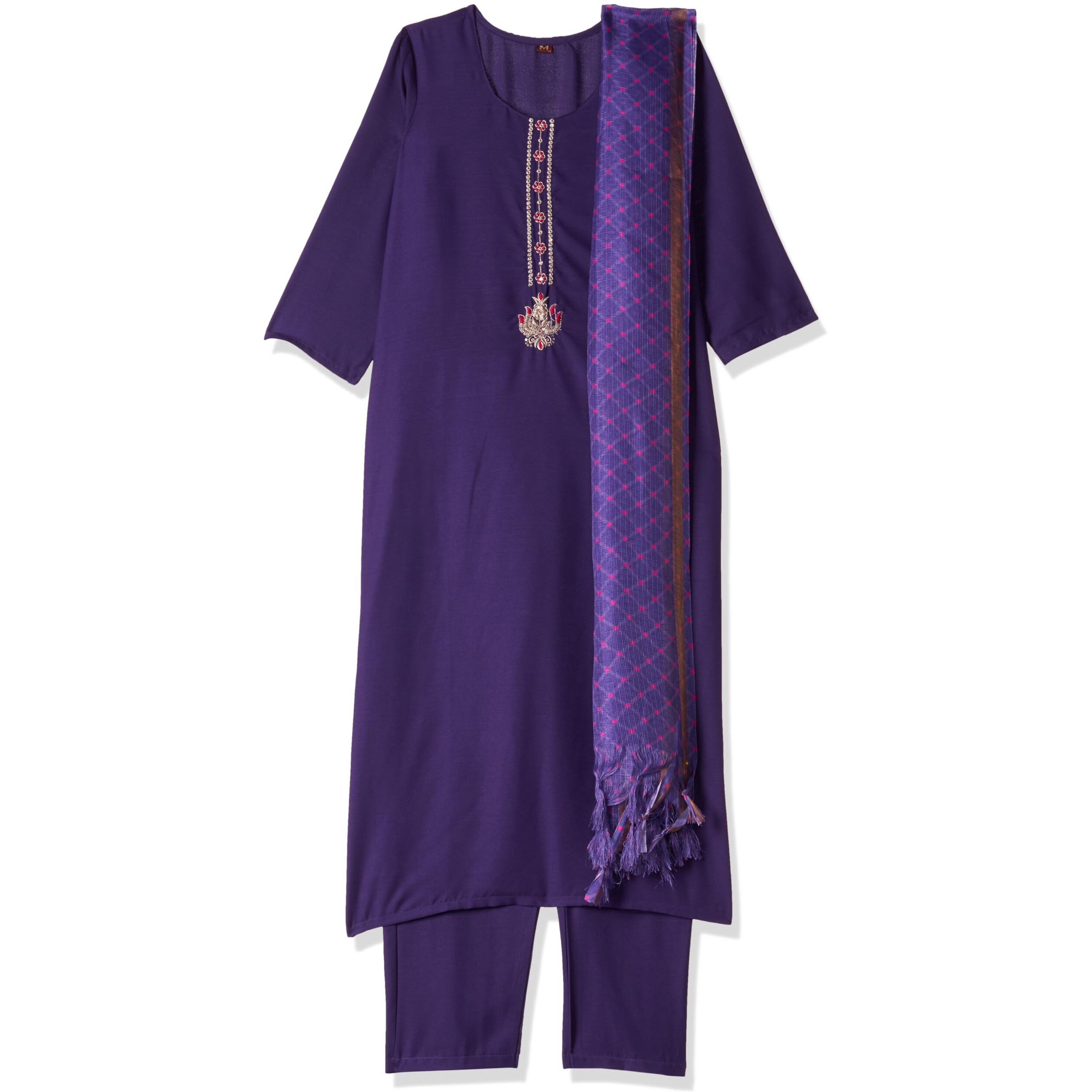 ANNI DESIGNER Women's Cotton Blend Straight Solid Kurta with Pant & Dupatta (Marg Purple_M_Purple_Medium)