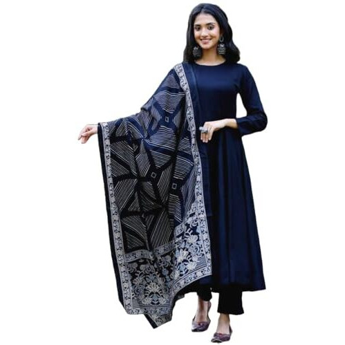ANNI DESIGNER Women's Rayon Blend Solid Anarkali Kurta with Pant & Dupatta (Friday Blue_S_Blue_Small)