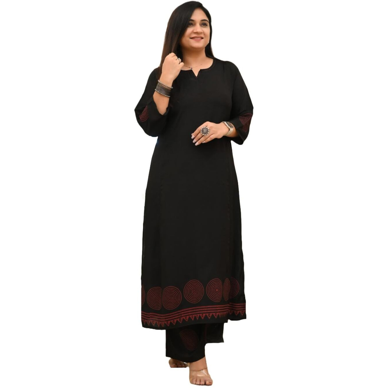 ANNI DESIGNER Women's Rayon Viscose Anarkali Printed Kurta with Pant (Ramkund Black_S_Black_Small)