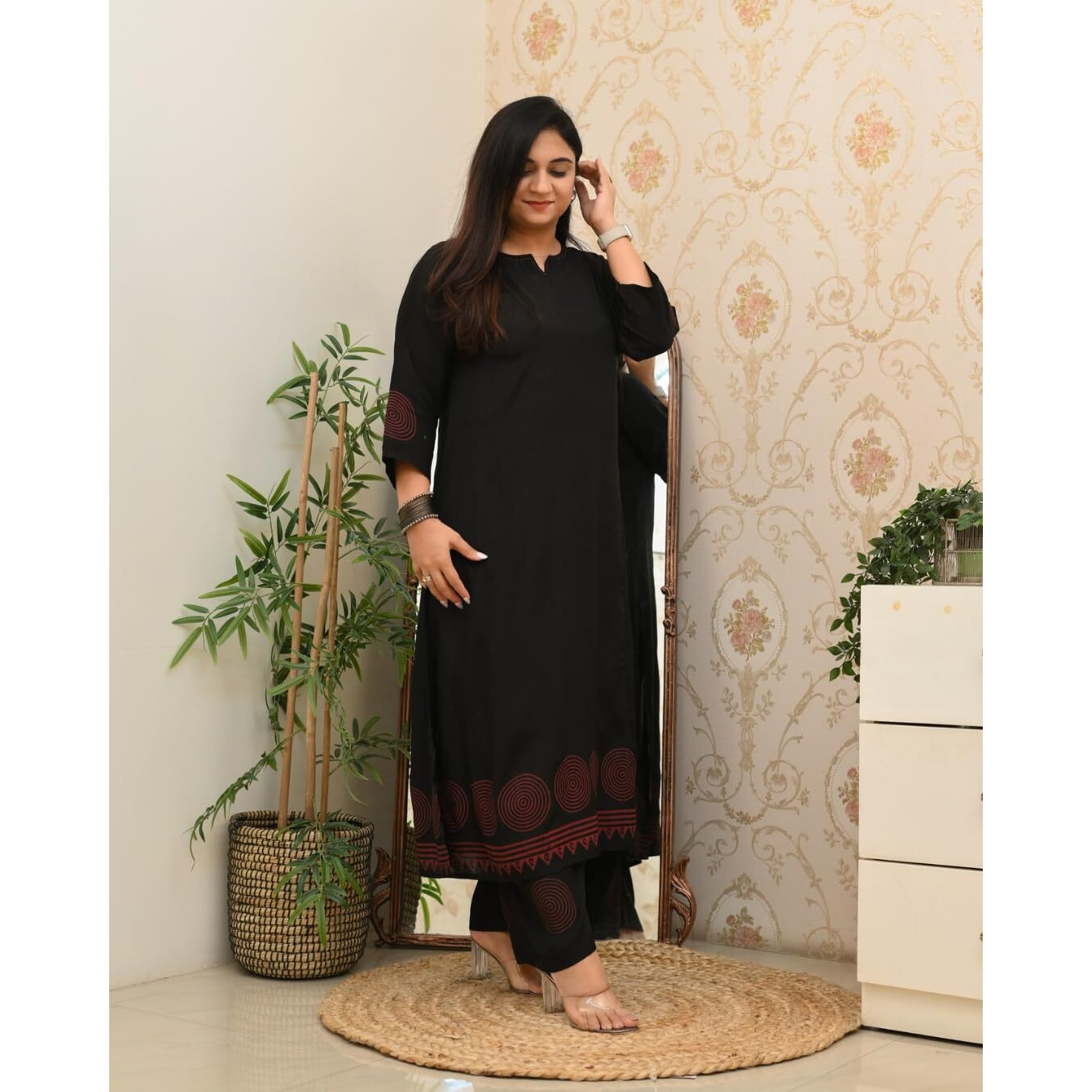 ANNI DESIGNER Women's Rayon Viscose Anarkali Printed Kurta with Pant (Ramkund Black_S_Black_Small)