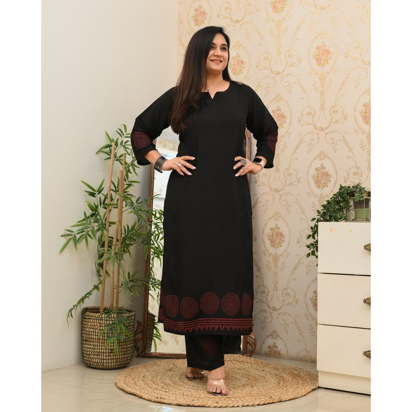 ANNI DESIGNER Women's Rayon Viscose Anarkali Printed Kurta with Pant (Ramkund Black_S_Black_Small)