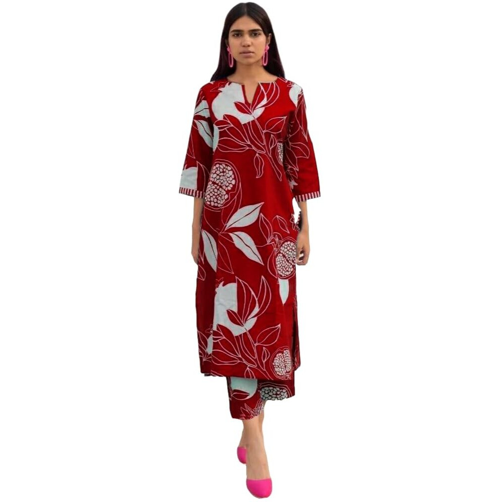 ANNI DESIGNER Women's Cotton Blend Straight Printed Kurta with Pant (ANAAR-Red_XXL_Red_XX-Large)