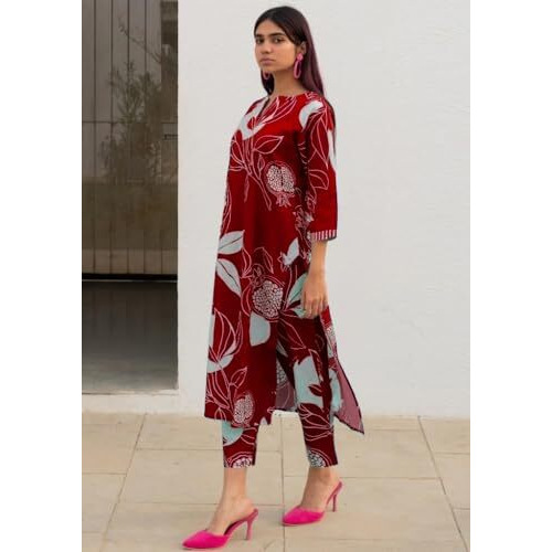 ANNI DESIGNER Women's Cotton Blend Straight Printed Kurta with Pant (ANAAR-Red_XXL_Red_XX-Large)