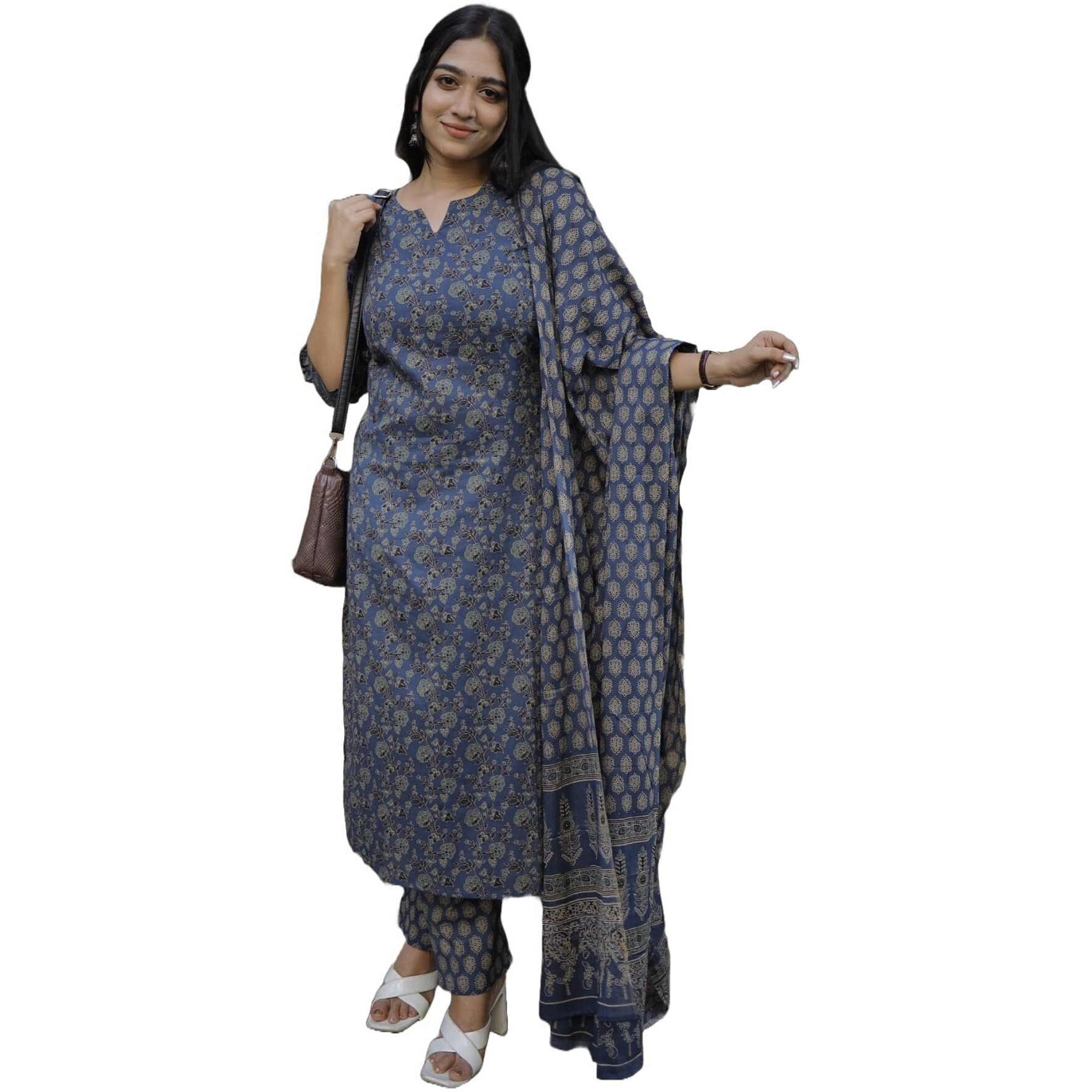 ANNI DESIGNER Women's Rayon Blend Straight Printed Kurta with Pant & Dupatta (Kamiganj Blue_XXL_Blue_XX-Large)
