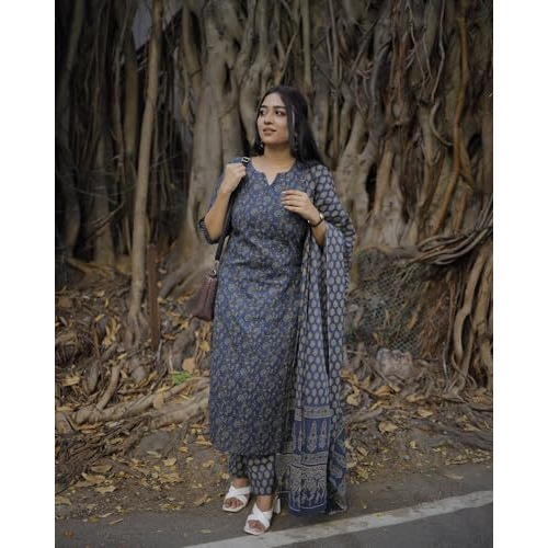 ANNI DESIGNER Women's Rayon Blend Straight Printed Kurta with Pant & Dupatta (Kamiganj Blue_XXL_Blue_XX-Large)