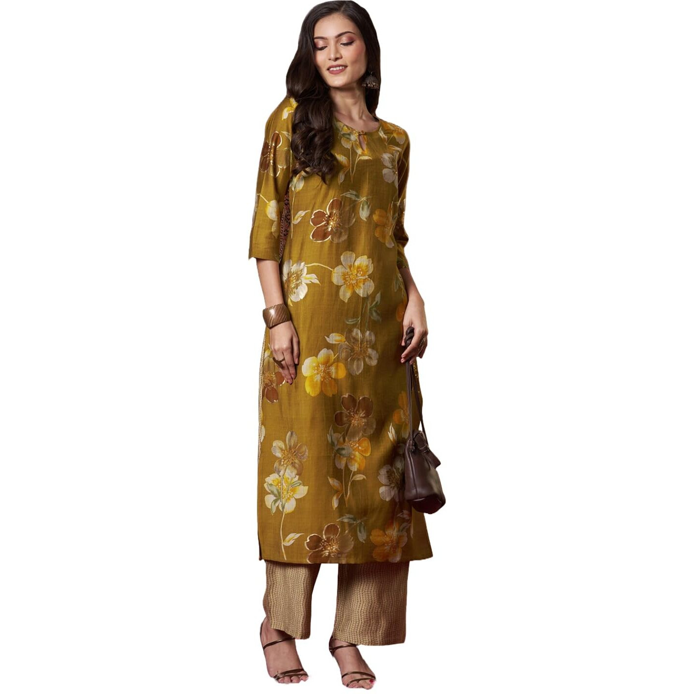 ANNI DESIGNER Women's Rayon Blend Straight Printed Kurta with Pant (KEJRI Gold_S_Gold_Small)