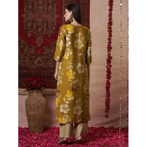 ANNI DESIGNER Women's Rayon Blend Straight Printed Kurta with Pant (KEJRI Gold_S_Gold_Small)