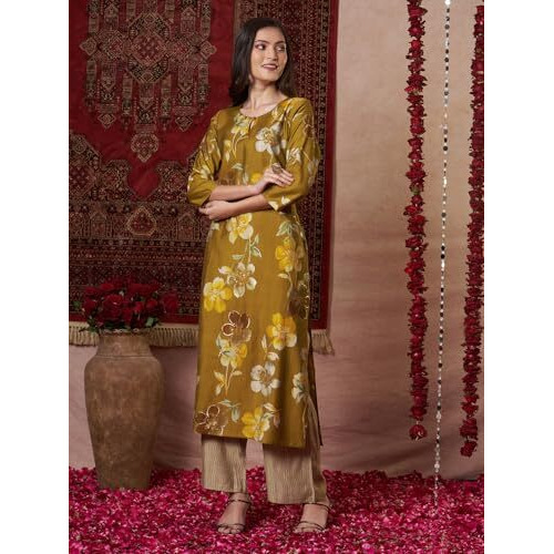 ANNI DESIGNER Women's Rayon Blend Straight Printed Kurta with Pant (KEJRI Gold_S_Gold_Small)