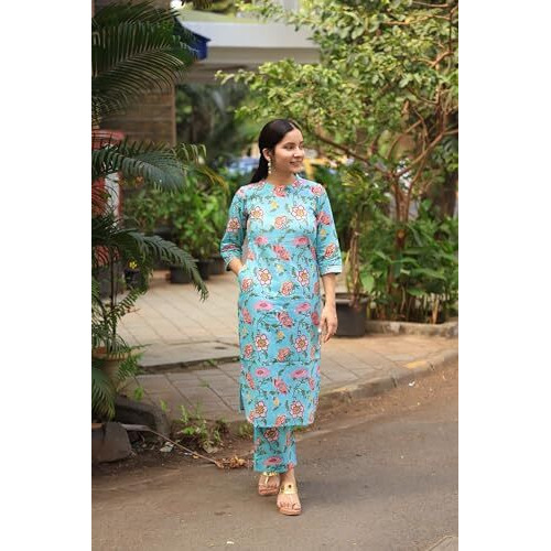 ANNI DESIGNER Women's Cotton Blend Straight Printed Kurta with Pant (NAZUK-RAMA_XXL_Blue_XX-Large)