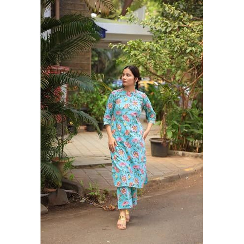 ANNI DESIGNER Women's Cotton Blend Straight Printed Kurta with Pant (NAZUK-RAMA_XXL_Blue_XX-Large)