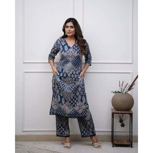 ANNI DESIGNER Women's Rayon Viscose Straight Printed Kurta with Pant (KADAI Blue_XL_Blue_X-Large)
