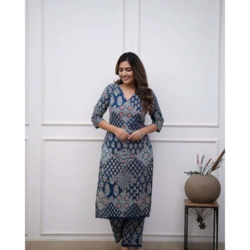 ANNI DESIGNER Women's Rayon Viscose Straight Printed Kurta with Pant (KADAI Blue_XL_Blue_X-Large)