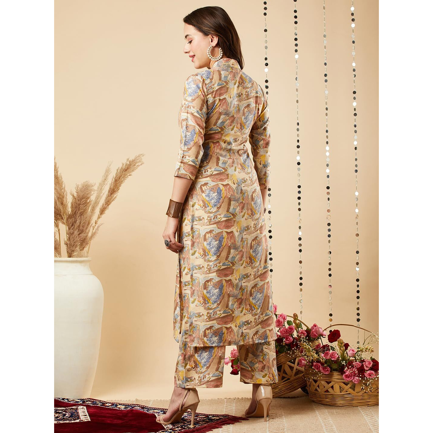 ANNI DESIGNER Women's Cotton Blend Printed Straight Kurta with Palazzo Set (Half Blue_L_Blue_Large)