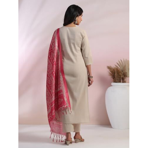 ANNI DESIGNER Women's Rayon Blend Embroidered Straight Kurta with Pant & Dupatta (Jankari Pink_M_Pink_Medium)
