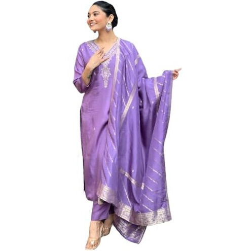 ANNI DESIGNER Women's Rayon Viscose Embroidered Straight Kurta with Pant & Dupatta (PARITOSH Purple_XL_Purple_X-Large)