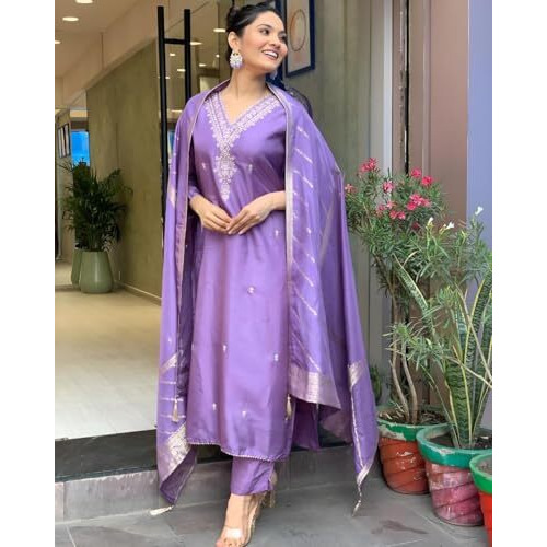ANNI DESIGNER Women's Rayon Viscose Embroidered Straight Kurta with Pant & Dupatta (PARITOSH Purple_XL_Purple_X-Large)