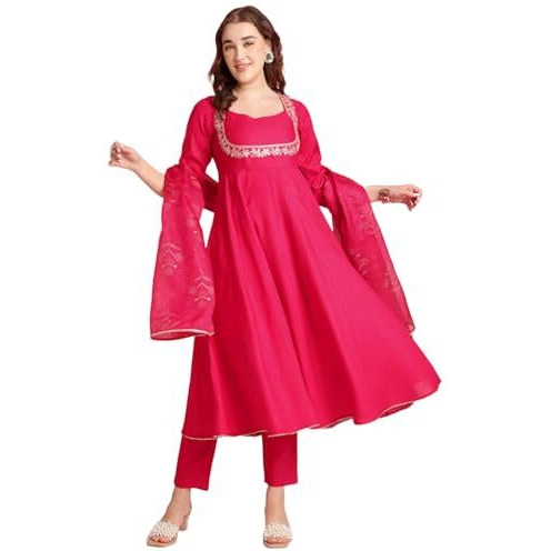 ANNI DESIGNER Women's Rayon Blend Anarkali Embroidered Kurta with Pant & Dupatta (APARNAA PINK-VKS03_4XL_Pink_XXXX-Large)