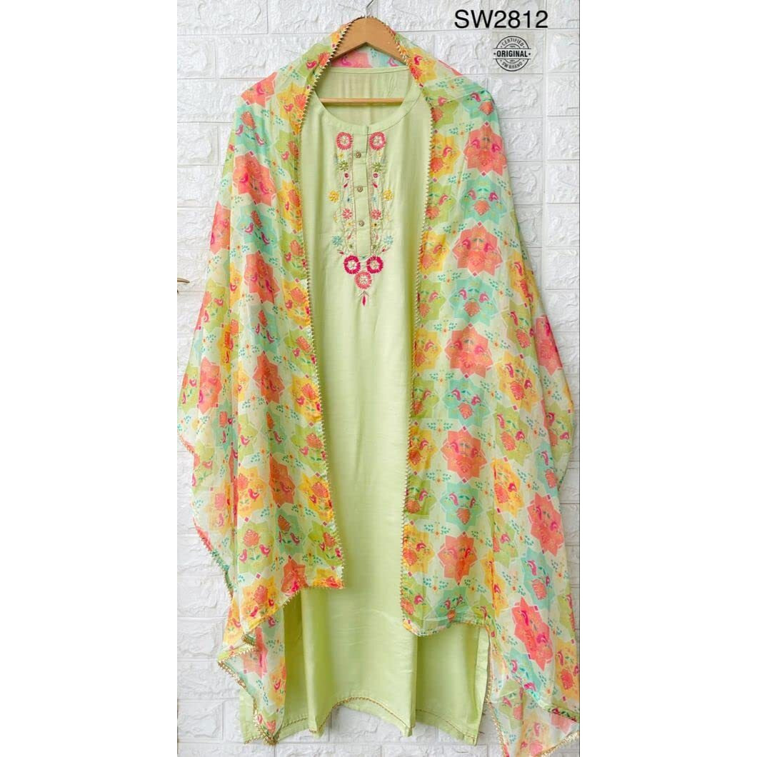 ANNI DESIGNER Women's Cotton Solid Straight Kurta with Pant & Dupatta (VIRAH-Green_L_Pista_Large)
