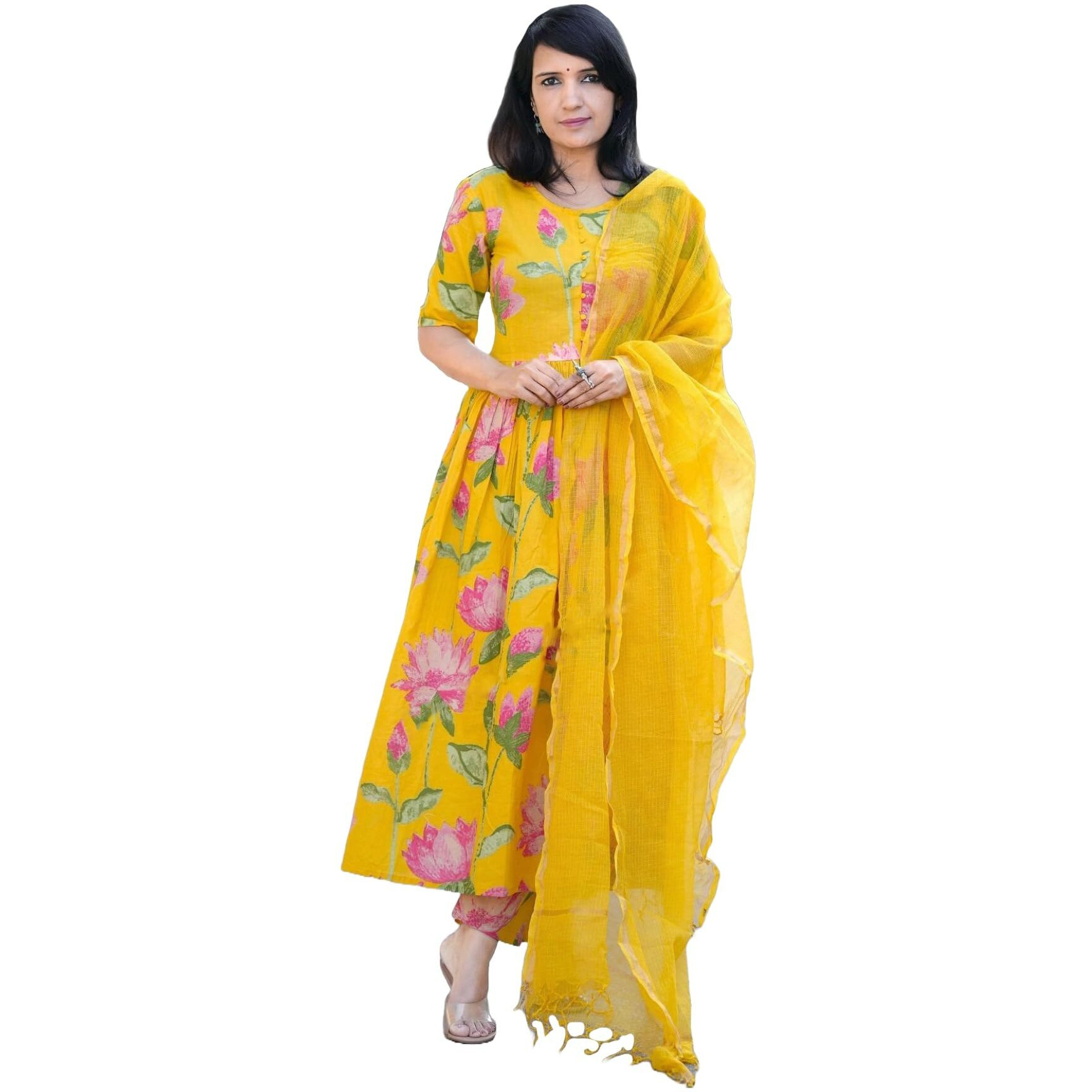 ANNI DESIGNER Women's Rayon Viscose Printed Anarkali Kurta with Pant & Dupatta (Rubina Yellow_L_Yellow_Large)