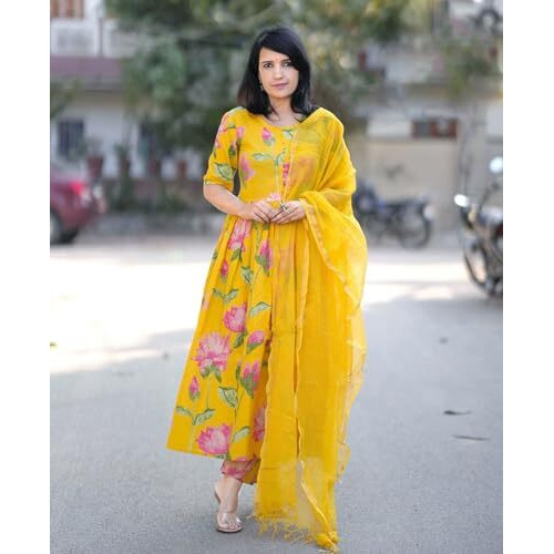 ANNI DESIGNER Women's Rayon Viscose Printed Anarkali Kurta with Pant & Dupatta (Rubina Yellow_L_Yellow_Large)