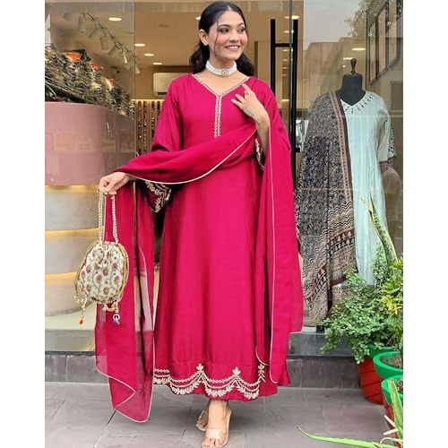 ANNI DESIGNER Women's Rayon Viscose Anarkali Embroidered Kurta with Pant & Dupatta (Ranibai Pink_L_Pink_Large)