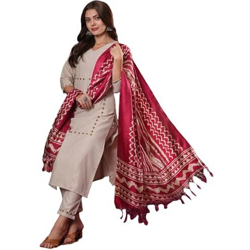 ANNI DESIGNER Women's Cotton Blend Straight Embroidered Kurta with Pant & Dupatta (DD BEIGE-VKS07_XL_Beige_X-Large)