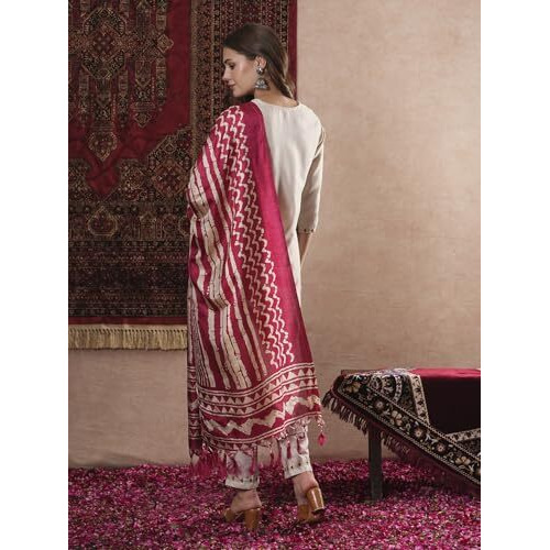 ANNI DESIGNER Women's Cotton Blend Straight Embroidered Kurta with Pant & Dupatta (DD BEIGE-VKS07_XL_Beige_X-Large)