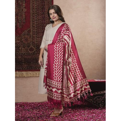 ANNI DESIGNER Women's Cotton Blend Straight Embroidered Kurta with Pant & Dupatta (DD BEIGE-VKS07_XL_Beige_X-Large)