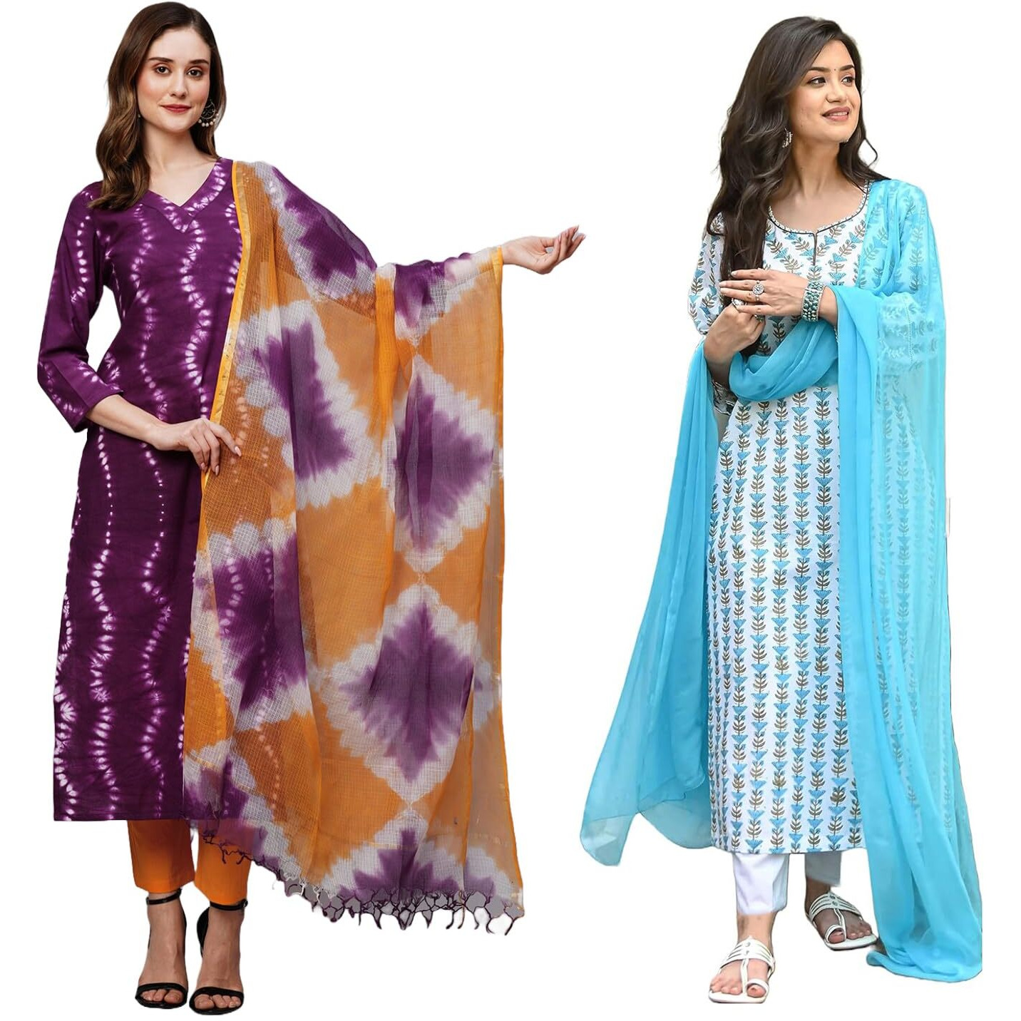 ANNI DESIGNER Women's Cotton Blend Printed Straight Kurta with Pant & Dupatta Pack Of 2 (Combo-Mukhi Pink-April-Sky Blue_XXL_Multi_XX-Large)