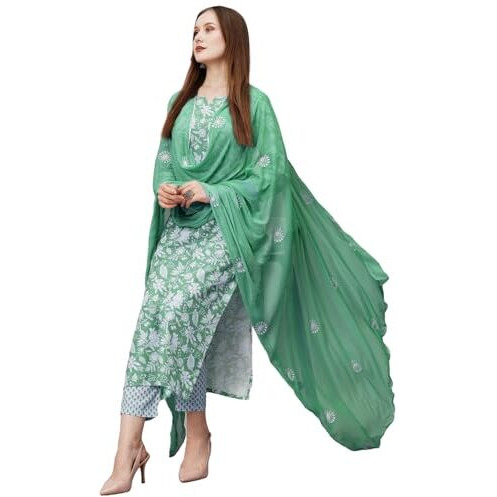 ANNI DESIGNER Women's Cotton Blend Straight Printed Kurta with Pant & Dupatta (MEI Green-NW_S_Green_Small)