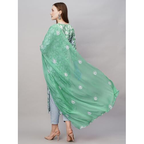 ANNI DESIGNER Women's Cotton Blend Straight Printed Kurta with Pant & Dupatta (MEI Green-NW_S_Green_Small)