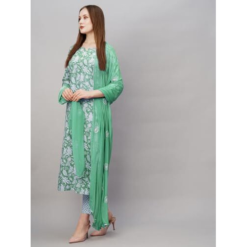 ANNI DESIGNER Women's Cotton Blend Straight Printed Kurta with Pant & Dupatta (MEI Green-NW_S_Green_Small)