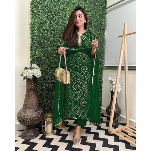 ANNI DESIGNER Women's Rayon Blend Straight Printed Kurta with Pant & Dupatta (TURAE GREEN-VKS01_4XL_Green_XXXX-Large)