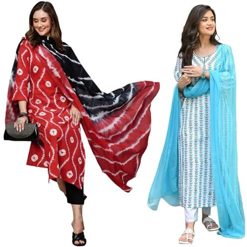 ANNI DESIGNER Women's Cotton Blend Printed Straight Kurta with Pant & Dupatta Pack of 2 (Combo-Mayavi Red-April-Sky Blue_M_Multi_Medium)