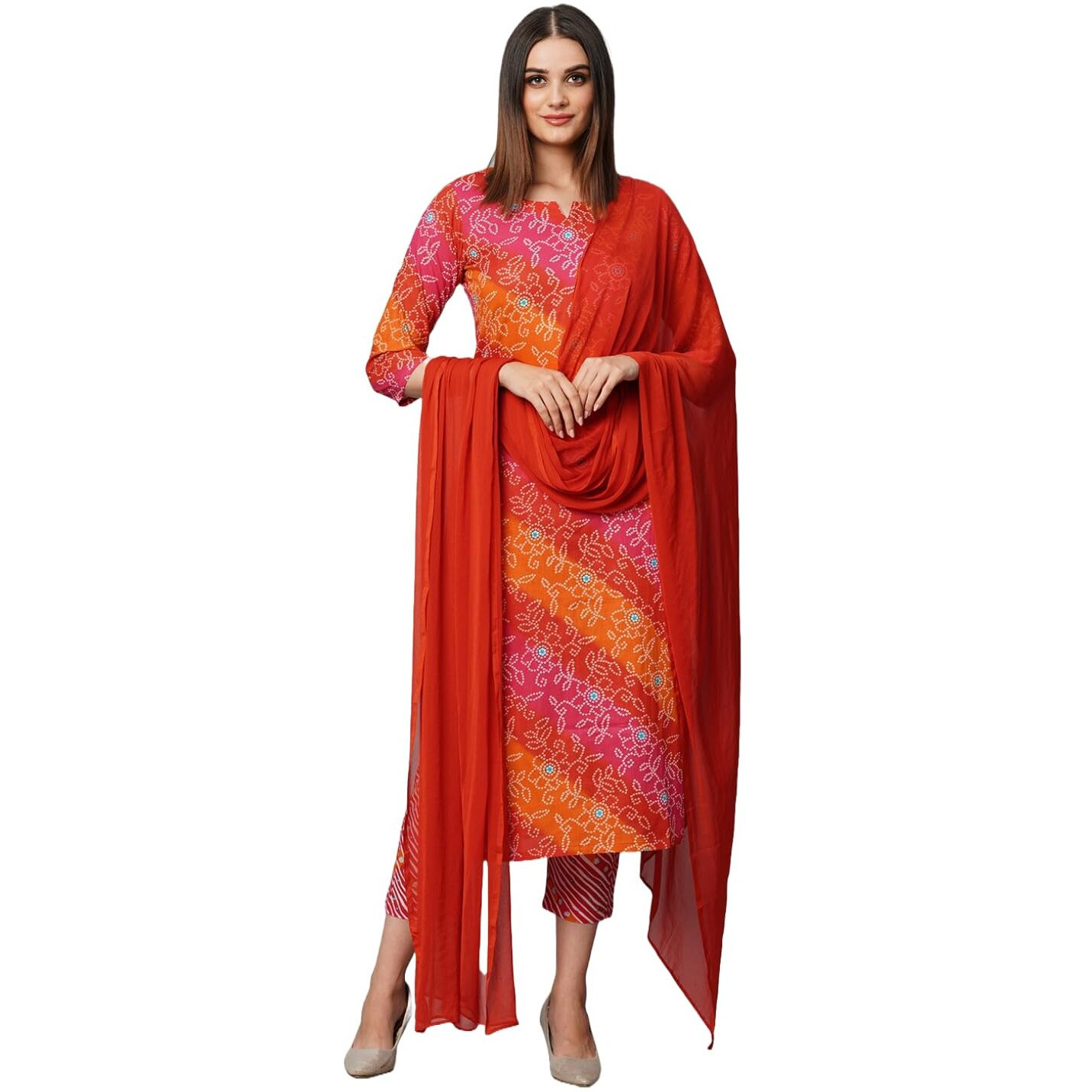 ANNI DESIGNER Women's Cotton Blend Straight Printed Kurta with Pant & Dupatta (Makhan Pink_S_Pink_Small)