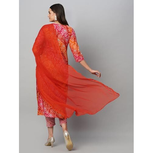 ANNI DESIGNER Women's Cotton Blend Straight Printed Kurta with Pant & Dupatta (Makhan Pink_S_Pink_Small)