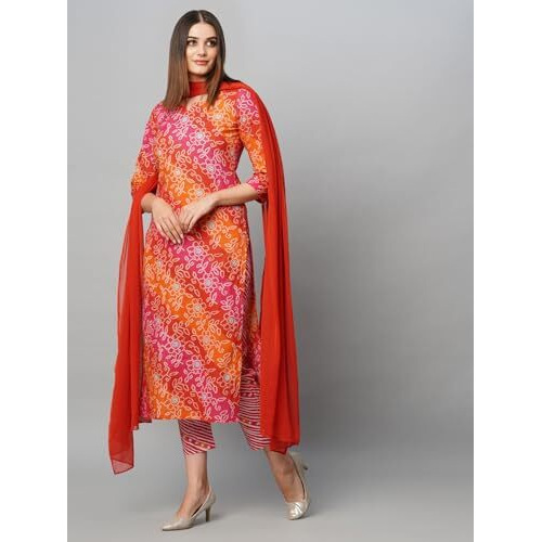 ANNI DESIGNER Women's Cotton Blend Straight Printed Kurta with Pant & Dupatta (Makhan Pink_S_Pink_Small)