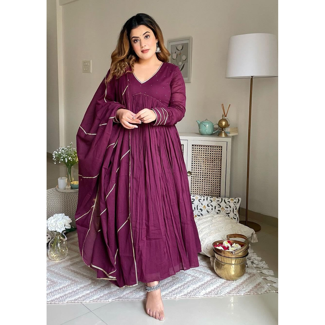 ANNI DESIGNER Women's Rayon Viscose Yoke Anarkali Kurta with Pant & Dupatta (Suruchi Wine_L_Wine_Large)