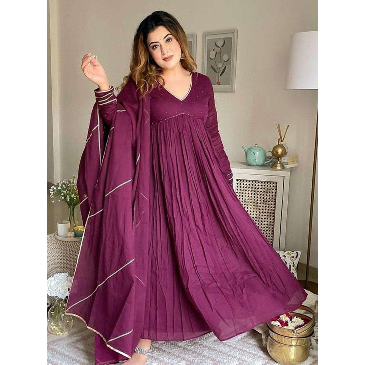 ANNI DESIGNER Women's Rayon Viscose Yoke Anarkali Kurta with Pant & Dupatta (Suruchi Wine_L_Wine_Large)