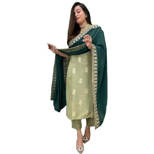 ANNI DESIGNER Women's Rayon Viscose Printed Straight Kurta with Pant & Dupatta (UDH PISTA-VKS01_S_Pista_Small)