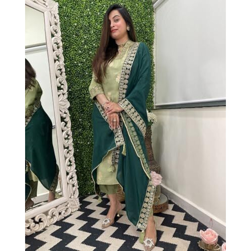 ANNI DESIGNER Women's Rayon Viscose Printed Straight Kurta with Pant & Dupatta (UDH PISTA-VKS01_S_Pista_Small)