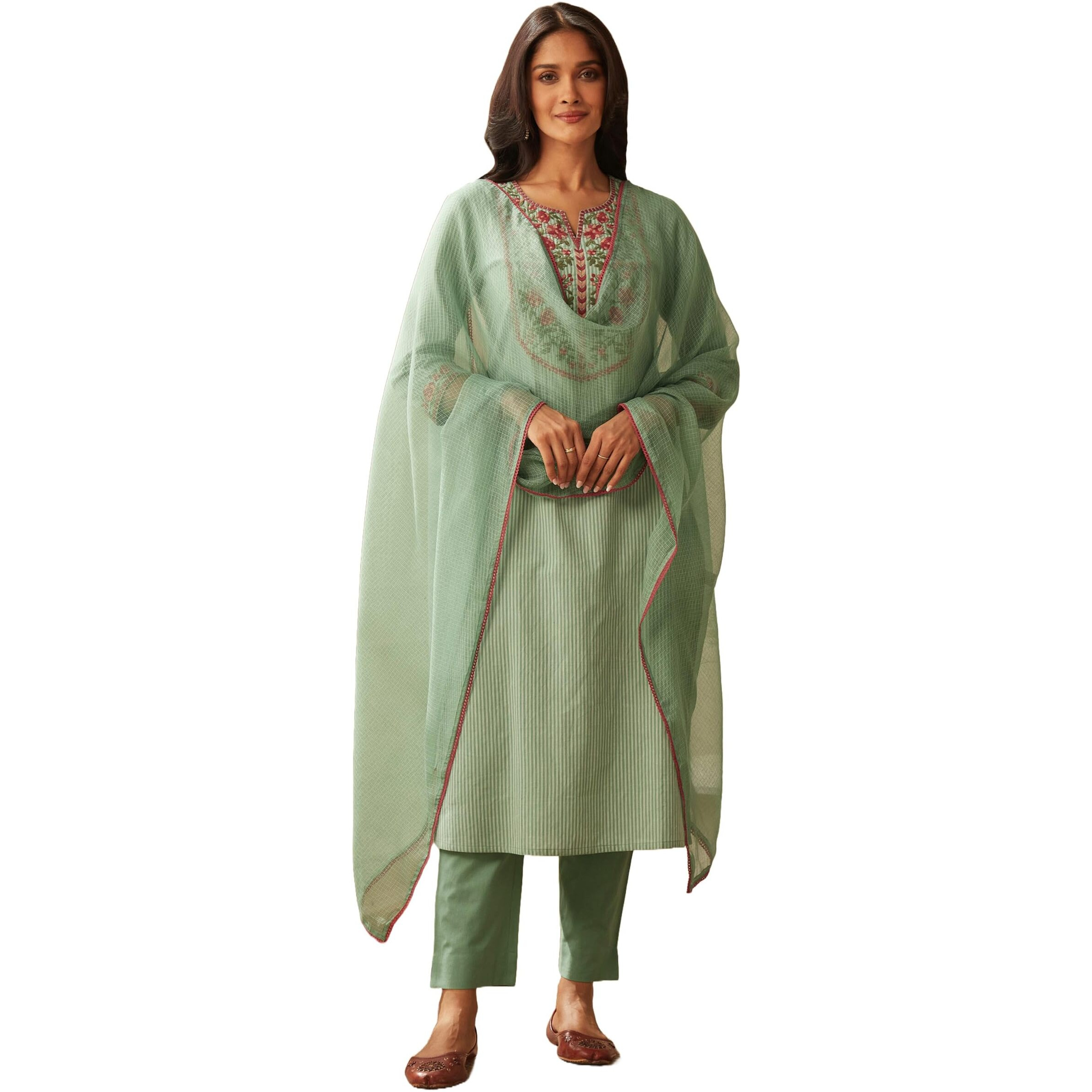 ANNI DESIGNER Women's Cotton Blend Embroidered Straight Kurta with Pant & Dupatta (FARIGUP-Green_XXL_Green_XX-Large)