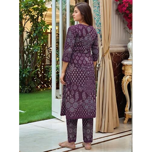 ANNI DESIGNER Women's Rayon Viscose Straight Printed Kurta with Pant (KADAI Wine_M_Wine_Medium)