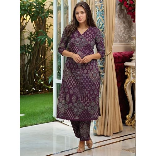 ANNI DESIGNER Women's Rayon Viscose Straight Printed Kurta with Pant (KADAI Wine_M_Wine_Medium)