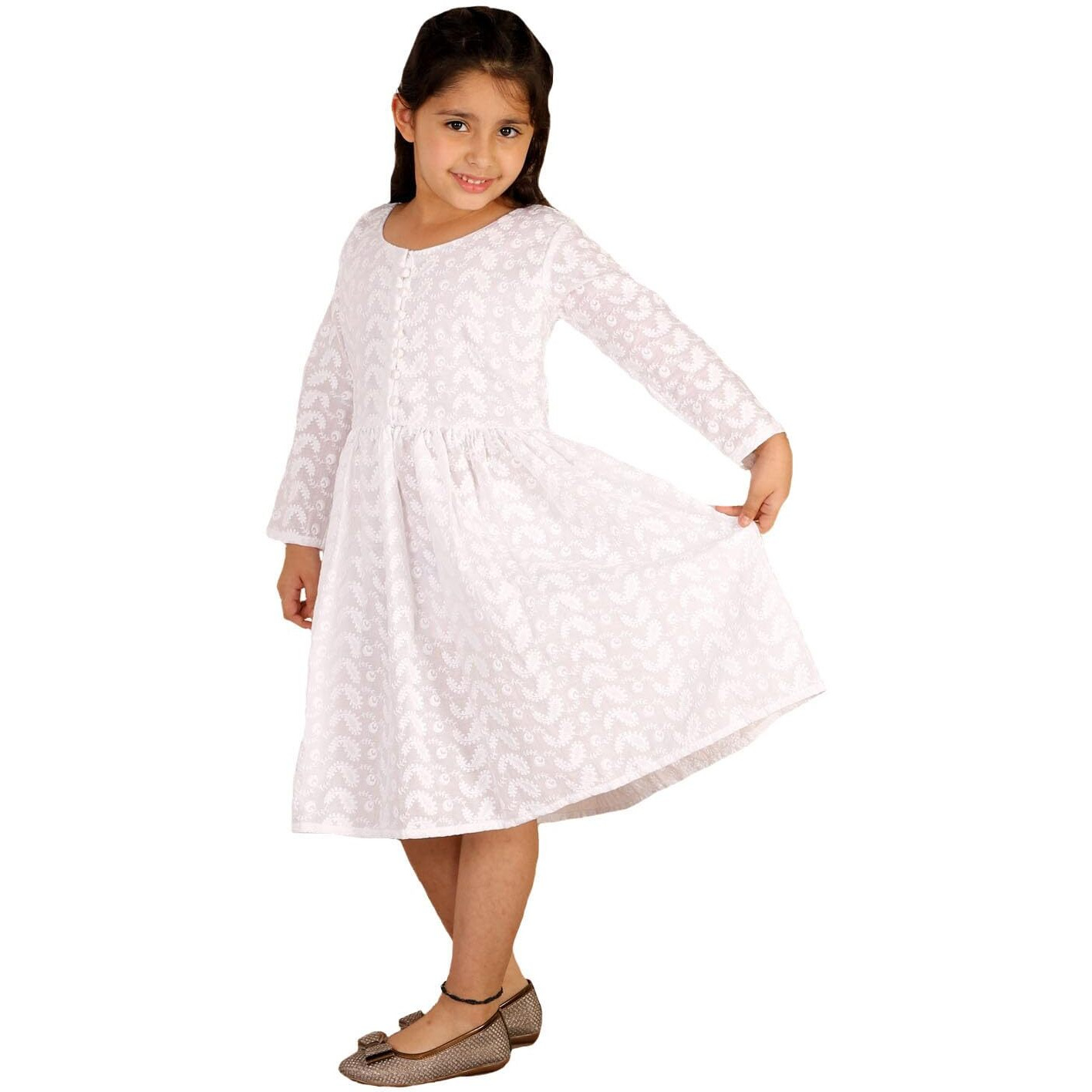 VASTRAMAY Girls' Cotton White Ethnic Dress - Classic Ethnic Attire for Timeless Style and Cultural Celebrations and Independence Day | Pure Cotton Lukhnowi Chikankari Anarkali Ethnic Dress