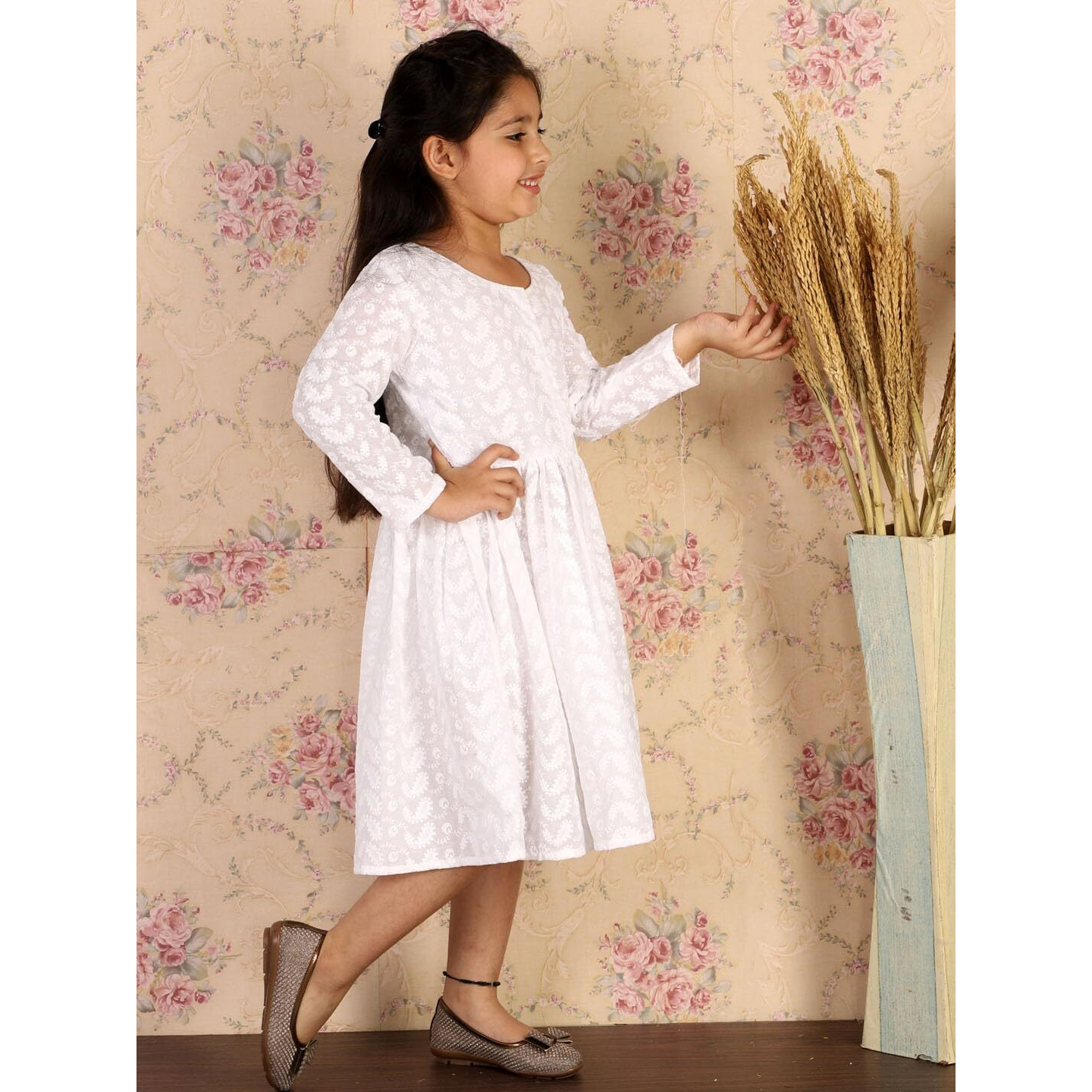 VASTRAMAY Girls' Cotton White Ethnic Dress - Classic Ethnic Attire for Timeless Style and Cultural Celebrations and Independence Day | Pure Cotton Lukhnowi Chikankari Anarkali Ethnic Dress