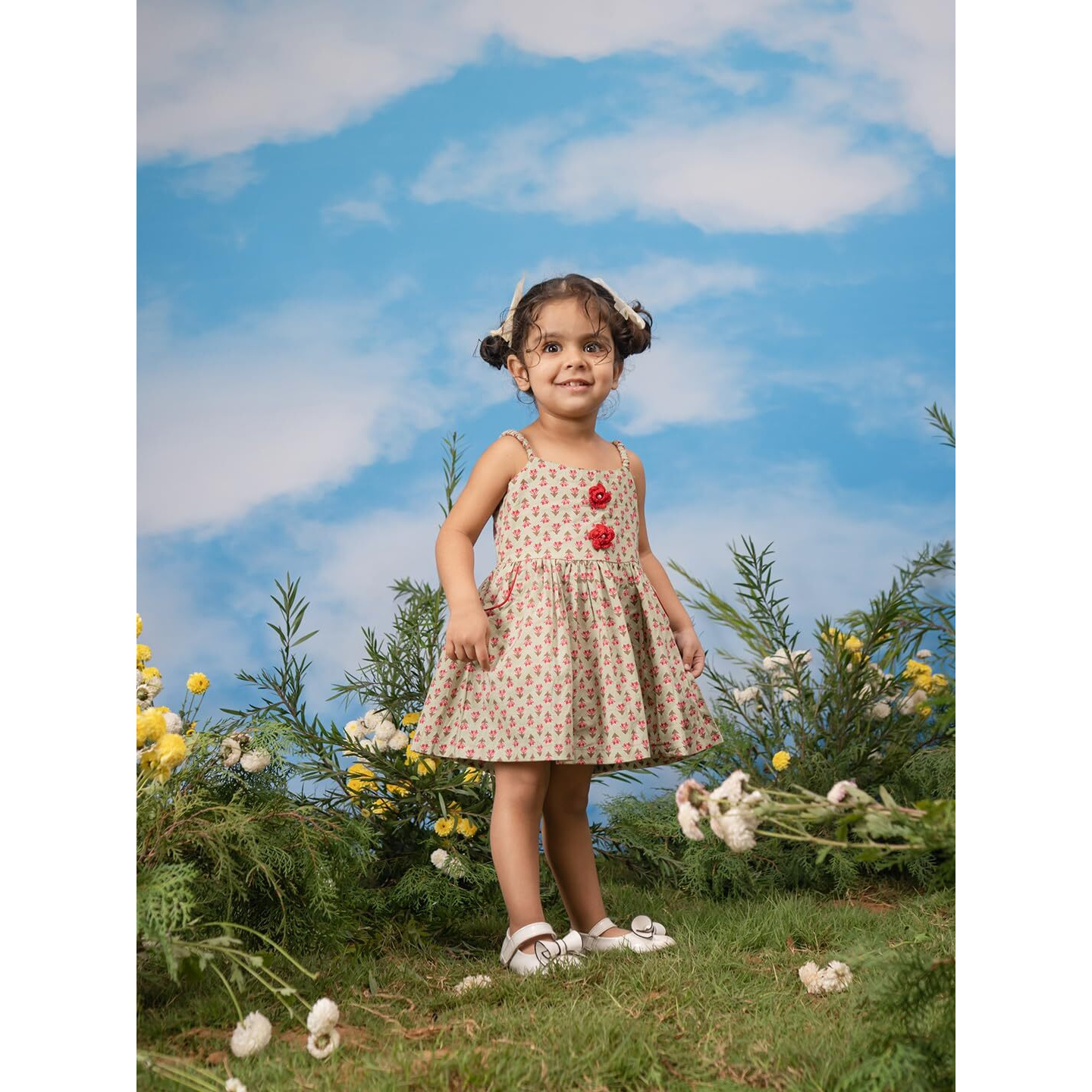 VASTRAMAY Girls' Cotton Sleeveless Flared Dress with Crochet Flower Buttons & Inseam Pocket Mint Green