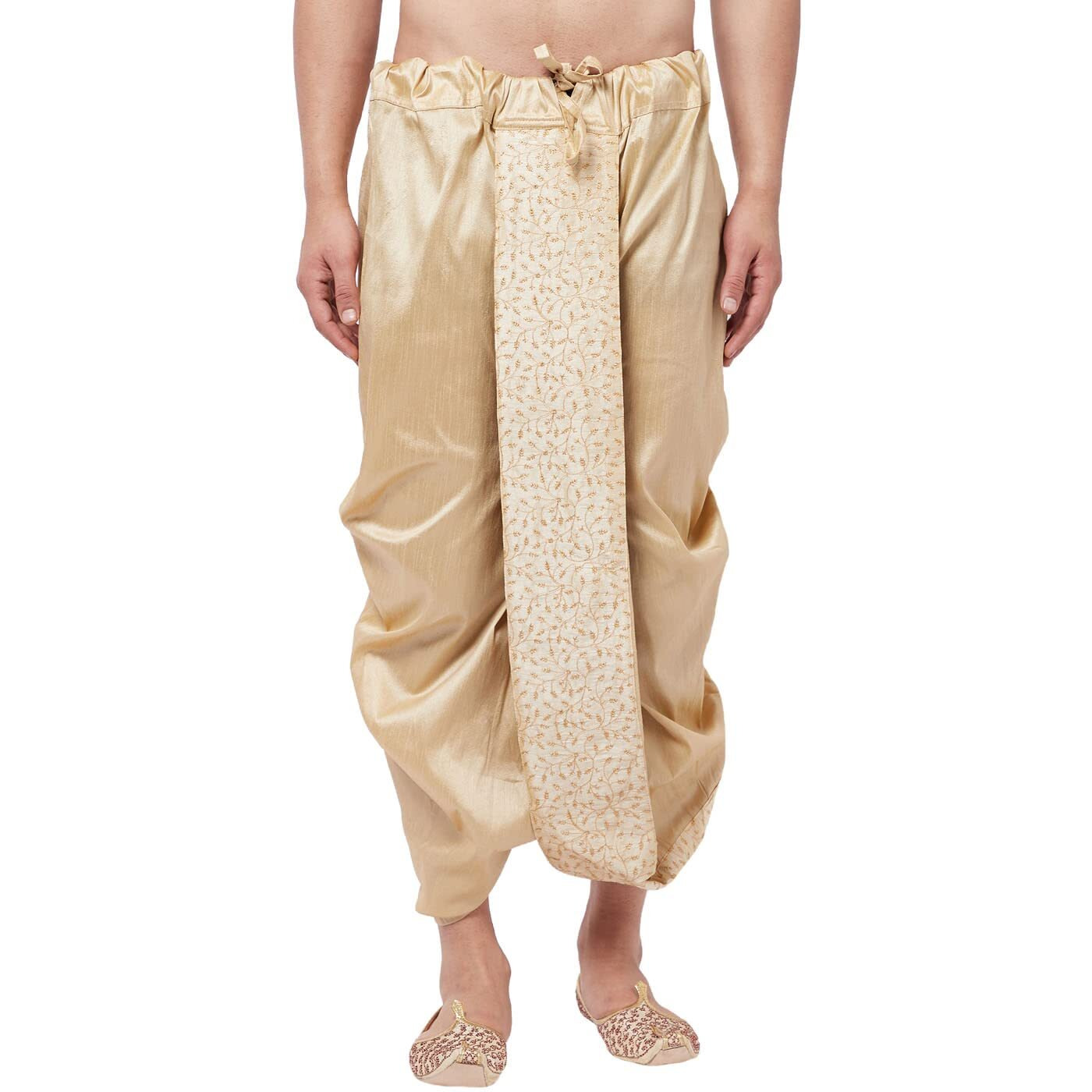 VASTRAMAY Men's Gold Silk Blend Embroidered Dhoti_VASMDT011GO_F
